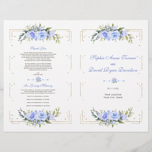Blue Floral Gold Glitter Lijst huwelijksprogramma (Voorkant)