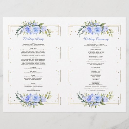 Blue Floral Gold Glitter Lijst huwelijksprogramma (Achterkant)