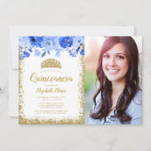 Blue Floral Gold Glitter Tiara Quinceane Foto Kaart (Voorkant)