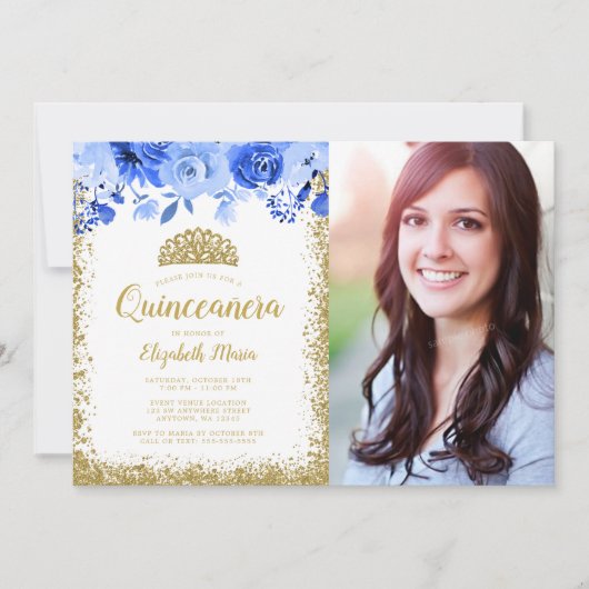 Blue Floral Gold Glitter Tiara Quinceane Foto Kaart (Voorkant)
