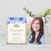 Blue Floral Gold Glitter Tiara Quinceane Foto Kaart (Staand voorkant)