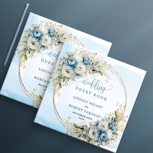 Blue Floral Gold Glitter Wedding Sign In Book Gastenboek