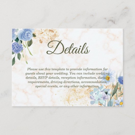 Blue Floral Gold Marble Wedding Enclosure Kaart (Voorkant)