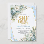 Blue Floral Gold Shine 90th Birthday Invite Card Kaart (Voorkant)