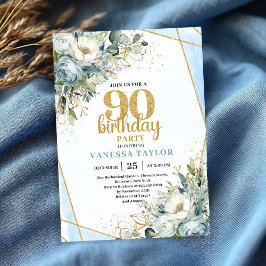Blue Floral Gold Shine 90th Birthday Invite Card Kaart