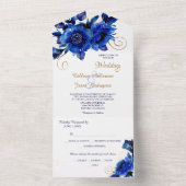Blue Floral Gold Swirl Wedding All In One Uitnodiging (Binnen)