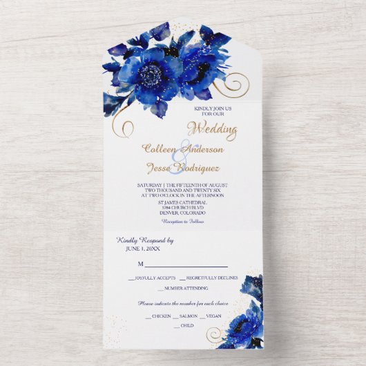 Blue Floral Gold Swirl Wedding All In One Uitnodiging (Binnen)
