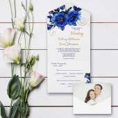 Blue Floral Gold Swirl Wedding All In One Uitnodiging