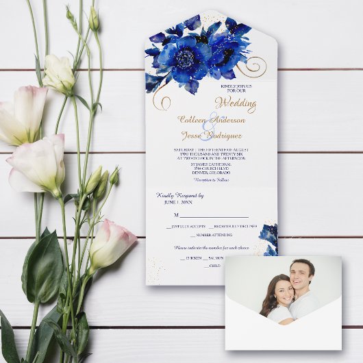 Blue Floral Gold Swirl Wedding All In One Uitnodiging