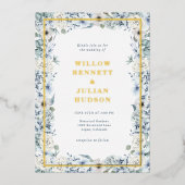 Blue Floral Gold Wedding Folie Uitnodiging (Voorkant)