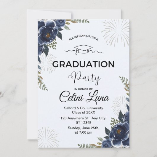 Blue Floral Graduation Party Uitnodiging (Voorkant)