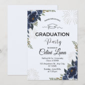 Blue Floral Graduation Party Uitnodiging (Voorkant / Achterkant)