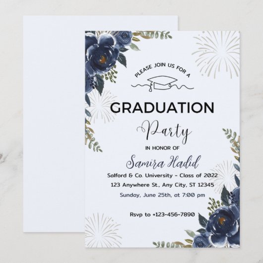 Blue Floral Graduation Party Uitnodiging (Voorkant / Achterkant)