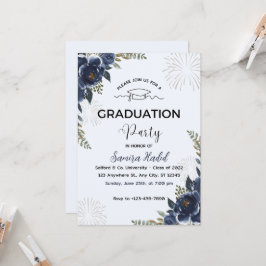 Blue Floral Graduation Party Uitnodiging