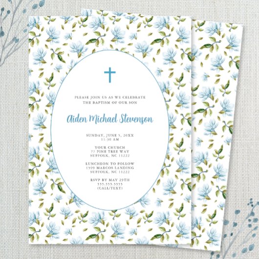 Blue Floral Grandmillenial baptism invitation Kaart
