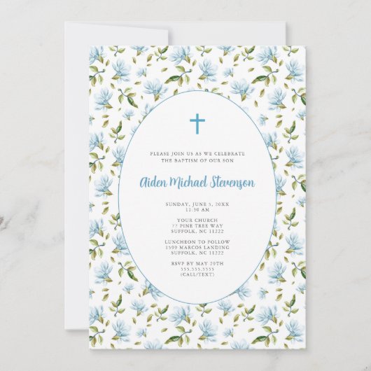 Blue Floral Grandmillenial baptism invitation Kaart (Voorkant)