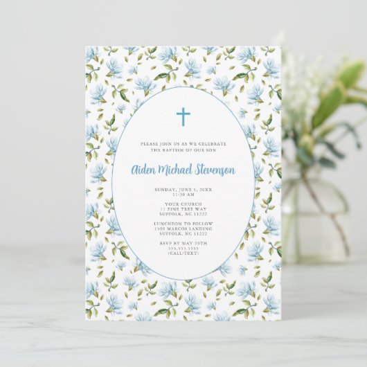 Blue Floral Grandmillenial baptism invitation Kaart (Staand voorkant)