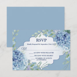 Blue Floral Green Leaves Frame Elegant Wedding RSVP Kaartje
