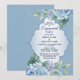Blue Floral Green Leaves Frame Engagement Party Kaart