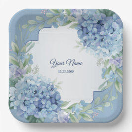 Blue Floral Green Leaves Frame Wedding Party Papieren Bordje