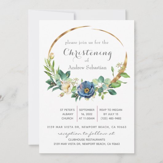 Blue Floral Greenery Baptism Boy Uitnodiging (Voorkant)
