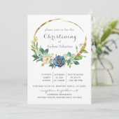 Blue Floral Greenery Baptism Boy Uitnodiging (Staand voorkant)