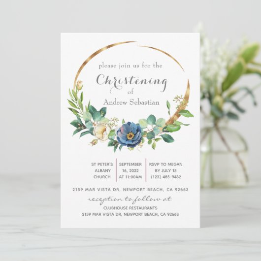 Blue Floral Greenery Baptism Boy Uitnodiging (Staand voorkant)
