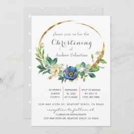 Blue Floral Greenery Baptism Boy Uitnodiging