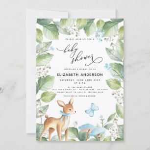 Blue Floral Greenery Deer Boy Baby shower Kaart