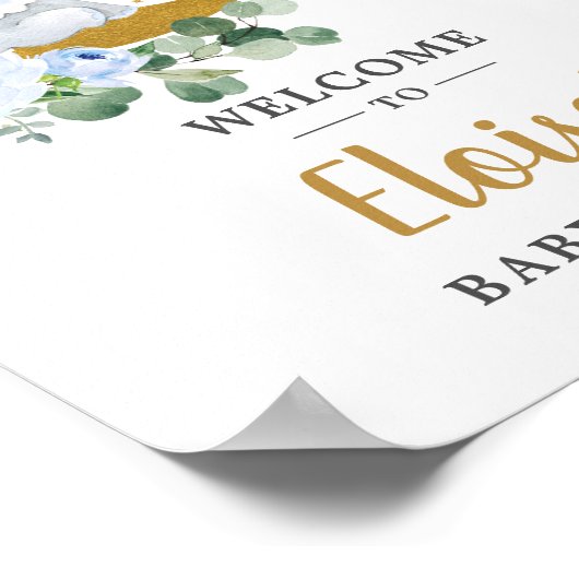 Blue Floral Greenery Elephant Baby shower Welkom Poster (Hoek)