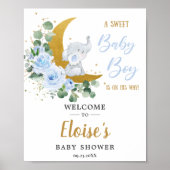 Blue Floral Greenery Elephant Baby shower Welkom Poster (Voorkant)