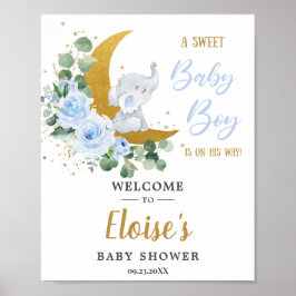 Blue Floral Greenery Elephant Baby shower Welkom Poster