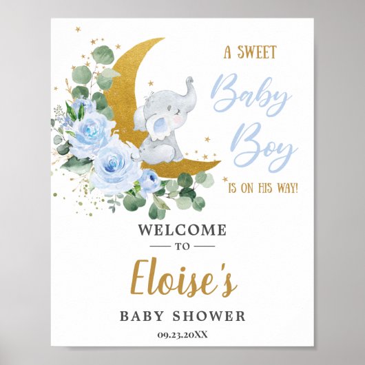 Blue Floral Greenery Elephant Baby shower Welkom Poster (Voorkant)