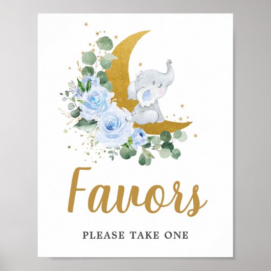 Blue Floral Greenery Elephant Crescent Moon Favors Poster (Voorkant)