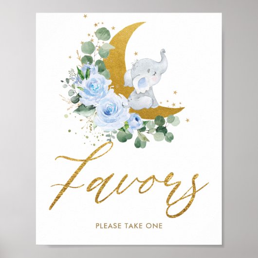 Blue Floral Greenery Elephant Crescent Moon Favors Poster (Voorkant)