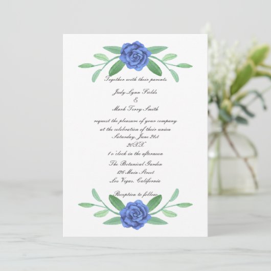 Blue Floral Greenery Foliage Wedding Invitation Kaart (Staand voorkant)