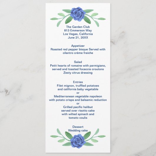 Blue Floral Greenery Foliage Wedding Menu Kaart (Voorkant)
