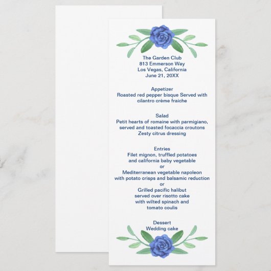 Blue Floral Greenery Foliage Wedding Menu Kaart (Voorkant / Achterkant)