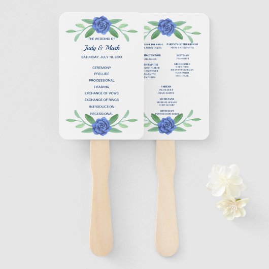 Blue Floral Greenery Foliage Wedding Program Fans Handwaaier (Voorkant en achterkant)