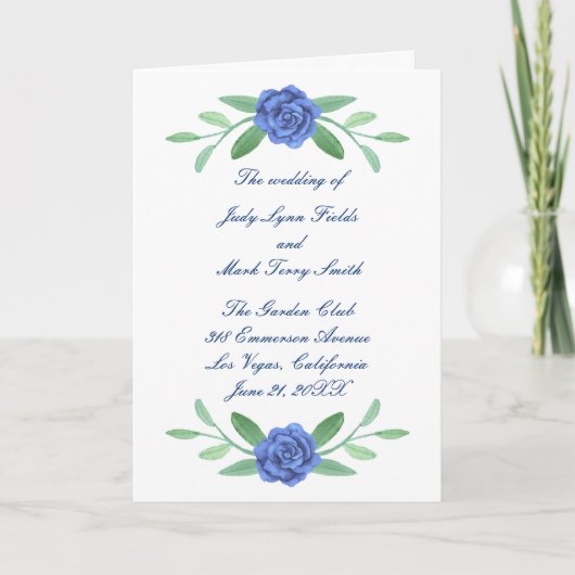 Blue Floral Greenery Foliage Wedding Program Kaart (Voorkant)