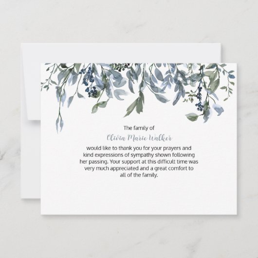 Blue Floral Greenery Funeral Script Hartelijk dank Bedankkaart (Voorkant)