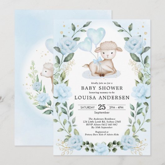 Blue Floral Greenery Little Lamb Baby Sheep Shower Kaart (Voorkant / Achterkant)