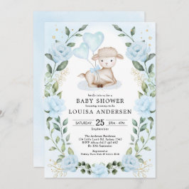 Blue Floral Greenery Little Lamb Baby Sheep Shower Kaart