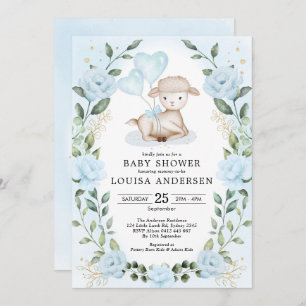 Blue Floral Greenery Little Lamb Baby Sheep Shower Kaart