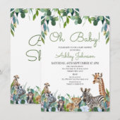 Blue Floral Greenery Safari Baby shower Kaart (Voorkant / Achterkant)