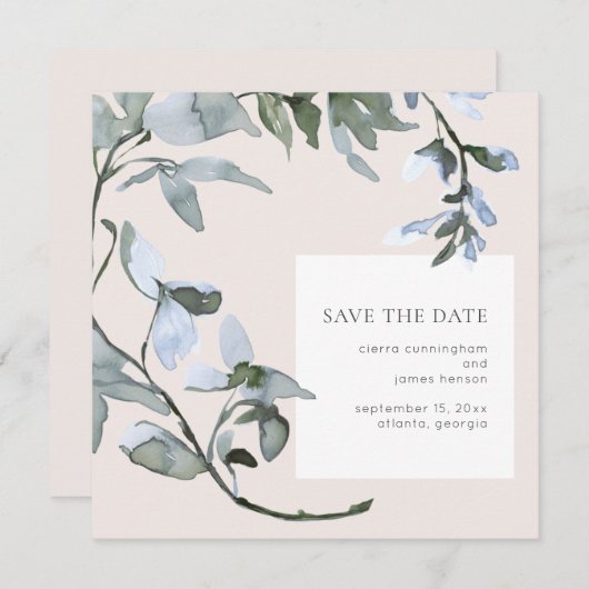 Blue Floral Greenery Wedding Save the Date Kaart (Voorkant / Achterkant)