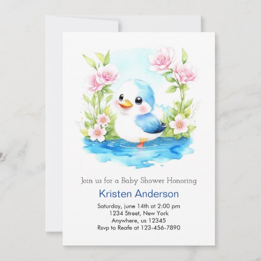 Blue Floral grillige eendenjongen Baby shower Kaart (Voorkant)