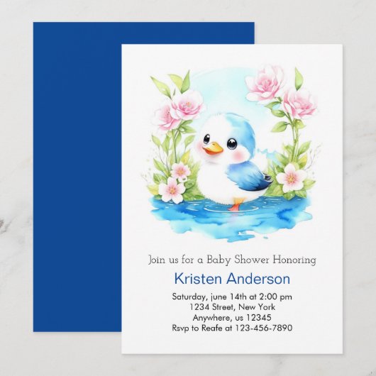 Blue Floral grillige eendenjongen Baby shower Kaart (Voorkant / Achterkant)