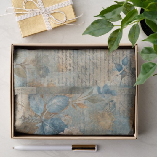 Blue Floral Grungy Distressed Ephemera Collage Tissuepapier (Geschenk)