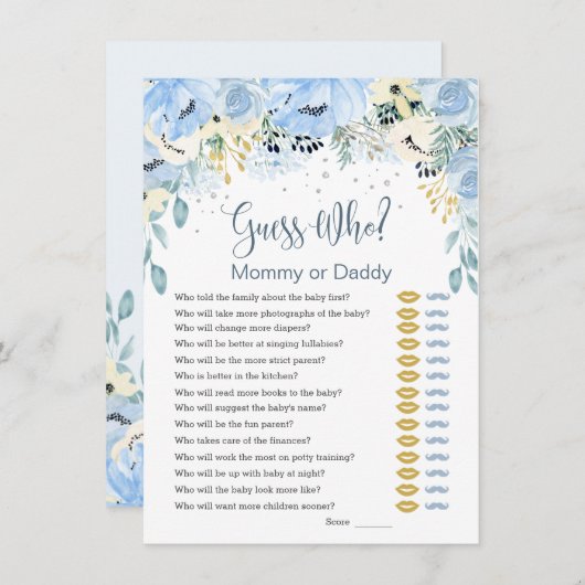 Blue Floral Guess Wie Baby shower Speluitnodiginge Kaart (Voorkant / Achterkant)